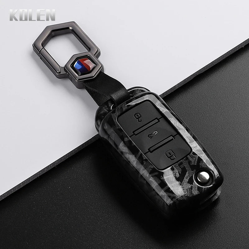 Car Key Cover Compatible with Volkswagen (VW) Polo Golf Passat Tiguan Beetle Caddy T5 Up Eos; Skoda Octavia; SEAT Leon Altea – Carbon Fiber Style