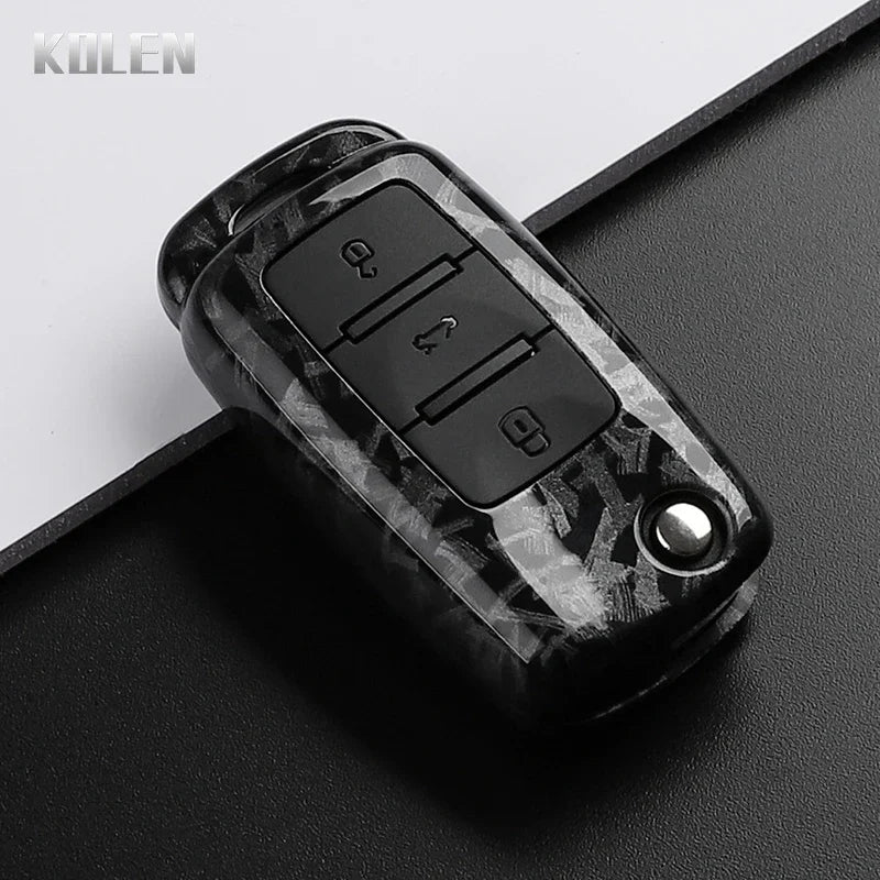 Car Key Cover Compatible with Volkswagen (VW) Polo Golf Passat Tiguan Beetle Caddy T5 Up Eos; Skoda Octavia; SEAT Leon Altea – Carbon Fiber Style