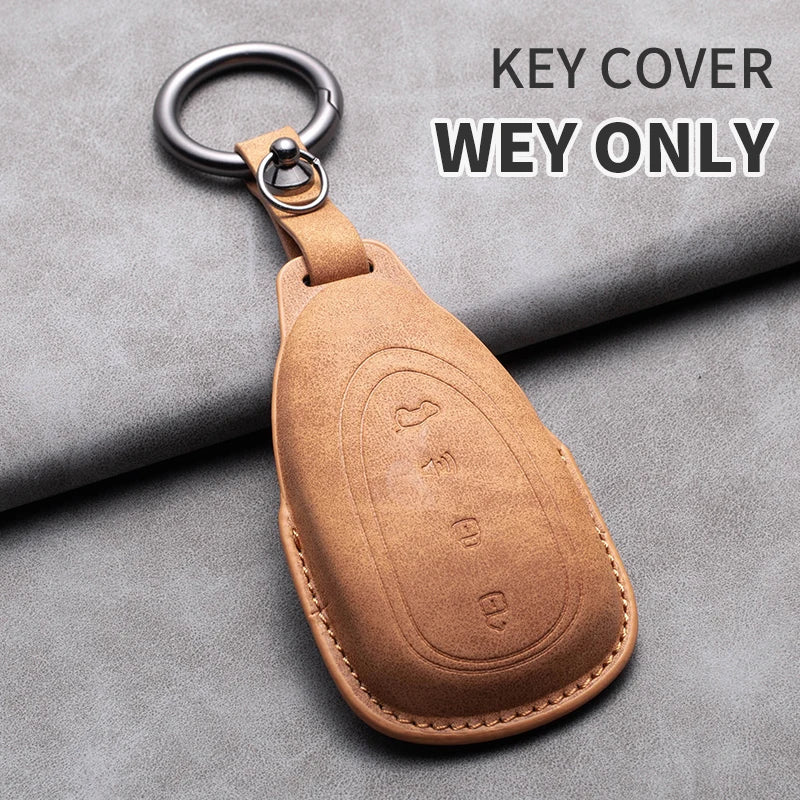 Leather Car Key Fob Cover Compatible with Great Wall GWM WEY Coffee01, Coffee02, WEY-X, WEY-S, WEY-GT, VV7 GT