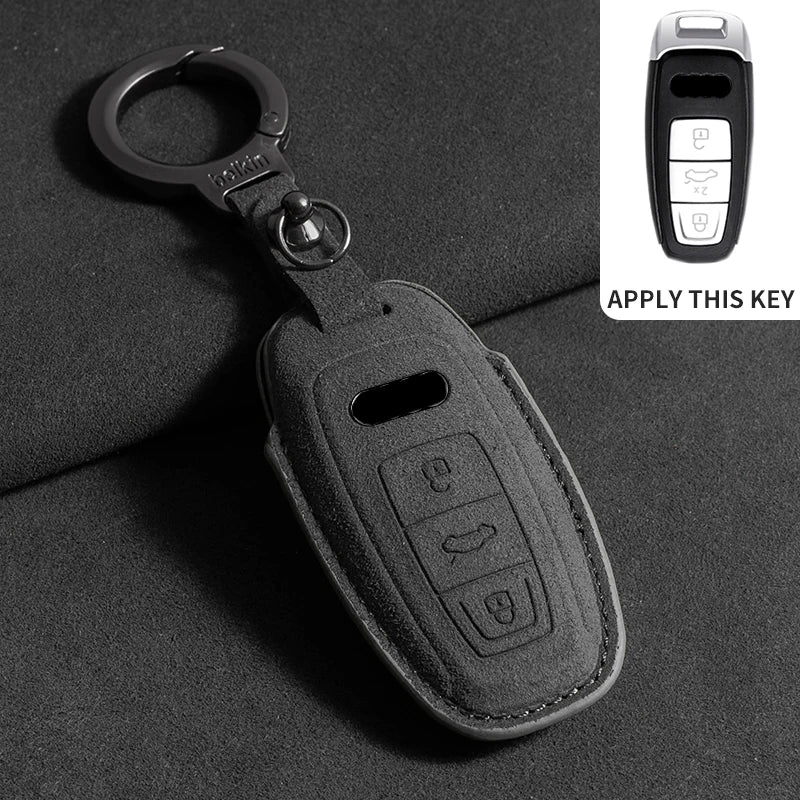 Suede Remote Key Fob Cover Compatible with Audi A6, A4, A5, A7, A8, C8, Q8, 8S, 8W, Q7, B9, 4M, S5, S4, S7, D5, TT, TTS, TFSI, e-tron – 3 Buttons