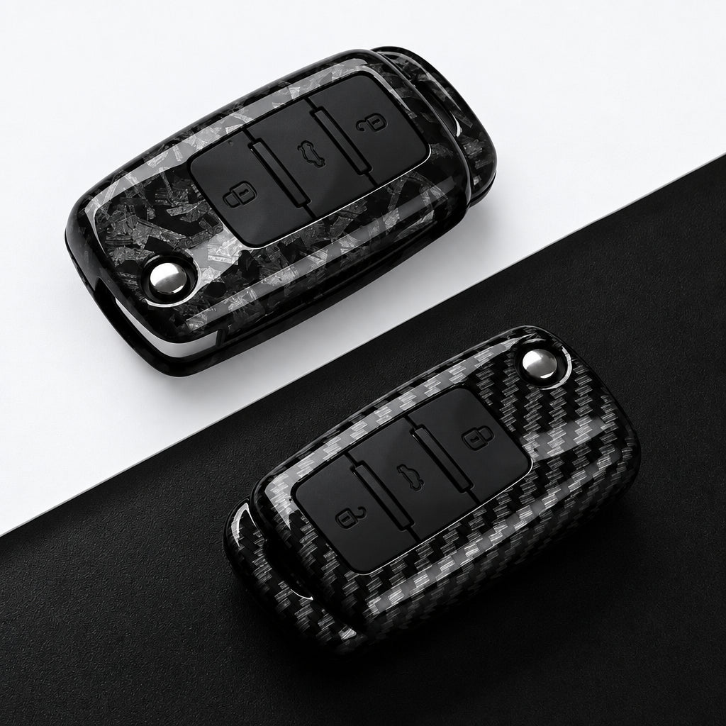 Car Key Cover Compatible with Volkswagen (VW) Polo Golf Passat Tiguan Beetle Caddy T5 Up Eos; Skoda Octavia; SEAT Leon Altea – Carbon Fiber Style