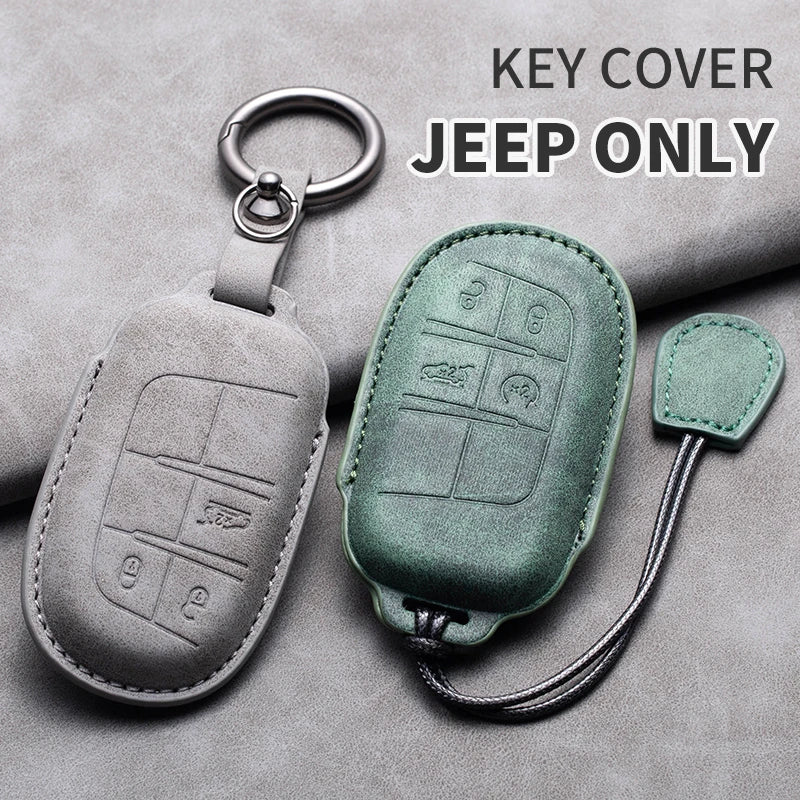 Leather Car Key Fob Cover Compatible with Jeep Renegade, Compass, Grand Cherokee, Wrangler; Chrysler 300C