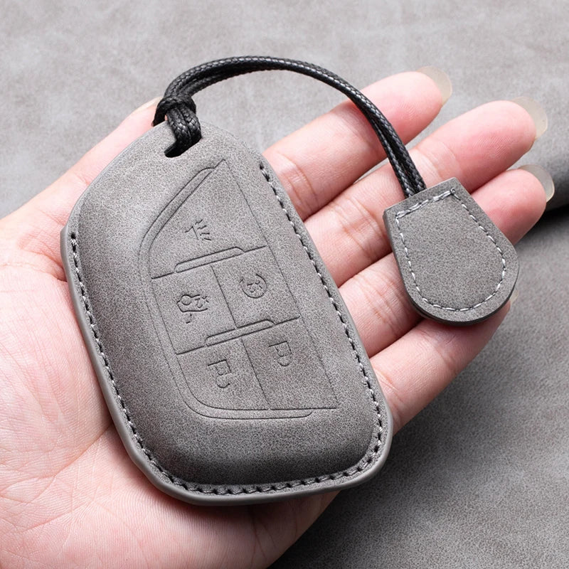 Leather Car Key Fob Cover Compatible with Cadillac CT4, CT5, ATS, CT6, CTS, DTS, XT5, Escalade ESV, SRX, STS, XTS, XT4, 28T, ELR