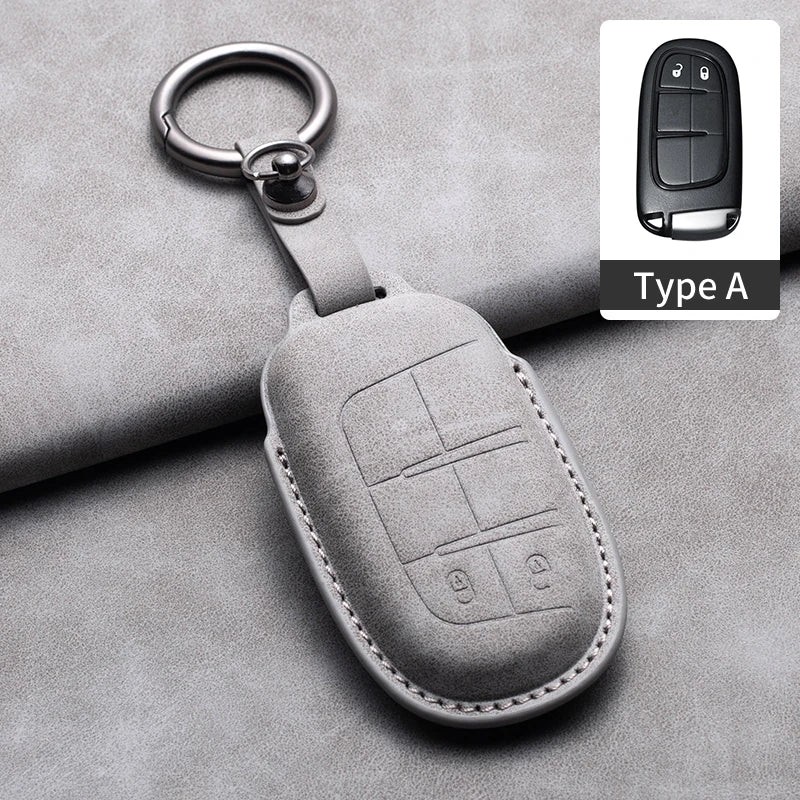 Leather Car Key Fob Cover Compatible with Jeep Renegade, Compass, Grand Cherokee, Wrangler; Chrysler 300C