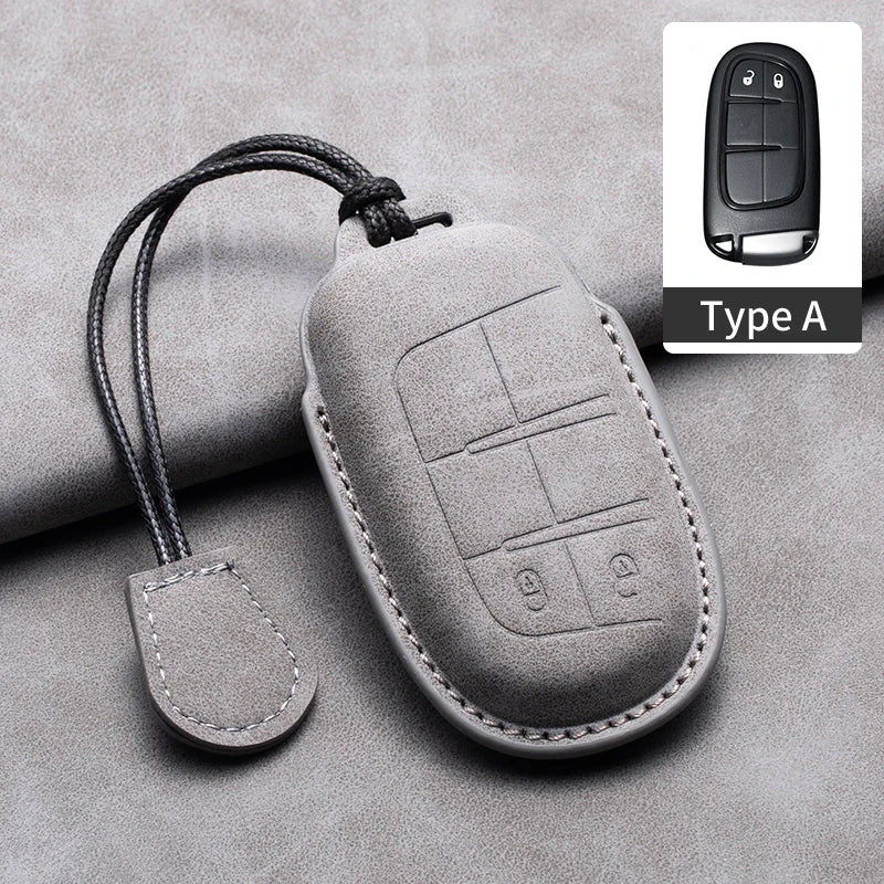 Leather Car Key Fob Cover Compatible with Jeep Renegade, Compass, Grand Cherokee, Wrangler; Chrysler 300C
