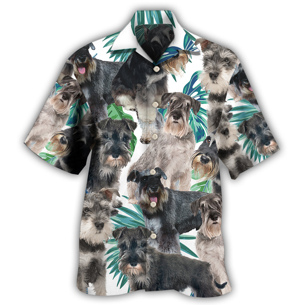 Tropical Schnauzer Dog Leaf Pattern Hawaiian Shirt For Summer Vacation, Beach Travel, And Casual Wear