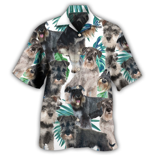 Tropical Schnauzer Dog Leaf Pattern Hawaiian Shirt For Summer Vacation, Beach Travel, And Casual Wear