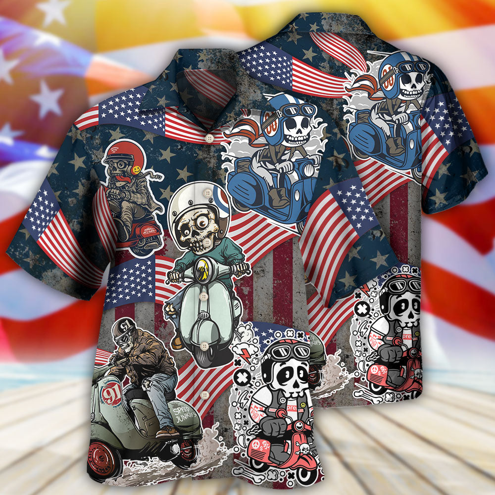 Scooter Skeleton USA Flag Independence Day Hawaiian Shirt Artwork View For Weekend Travel And Beach Style
