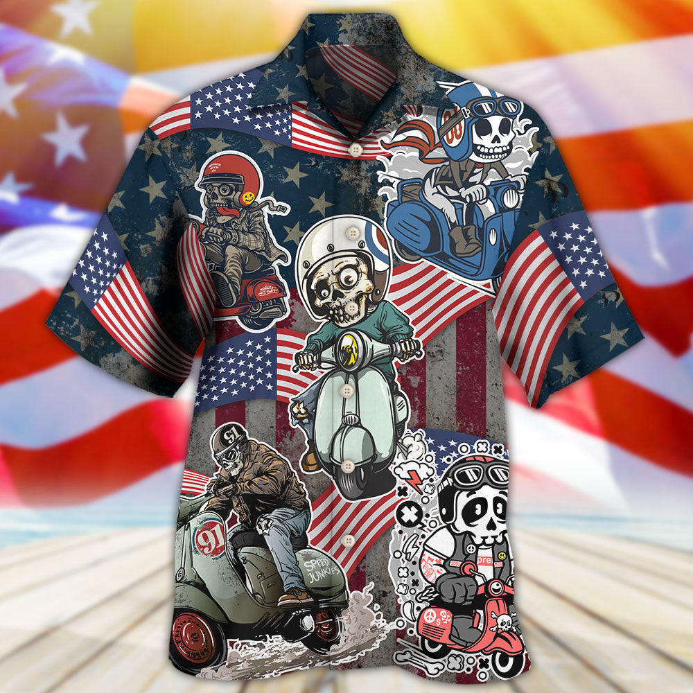 Scooter Skeleton USA Flag Independence Day Hawaiian Shirt Design Detail For Sunny Adventures And Casual Wear
