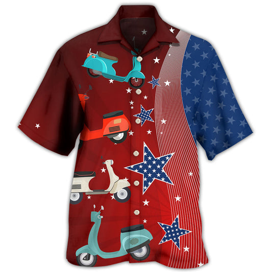 Patriotic American Scooter Stars Independence Hawaiian Shirt For Summer Vacation, Beach Travel, And Casual Wear