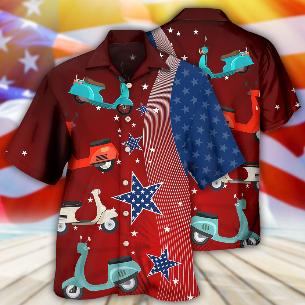 Patriotic American Scooter Stars Independence Hawaiian Shirt For Summer Vacation, Beach Travel, And Casual Wear