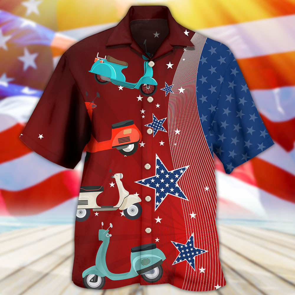 Patriotic American Scooter Stars Independence Hawaiian Shirt For Summer Vacation, Beach Travel, And Casual Wear