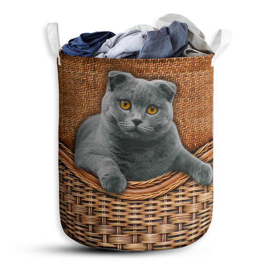 Scottish Fold Cat Rattan Texture Laundry Basket For Bathroom Bedroom Storage