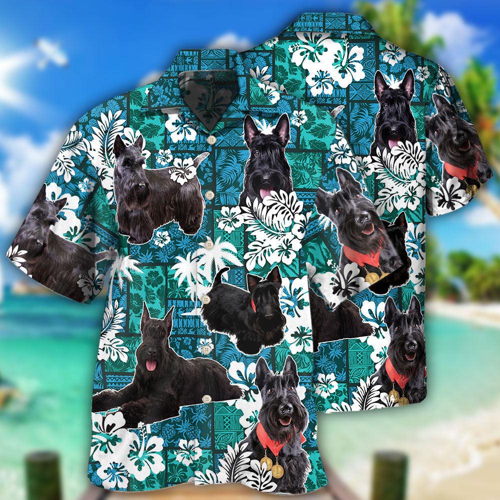 Tropical Dog Scottish Terrier Tribal Hawaiian Shirt Artwork View For Weekend Travel And Beach Style