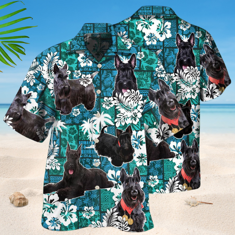 Tropical Scottish Terrier Tribal Hawaiian Shirt For Summer Vacation, Beach Travel, And Casual Wear