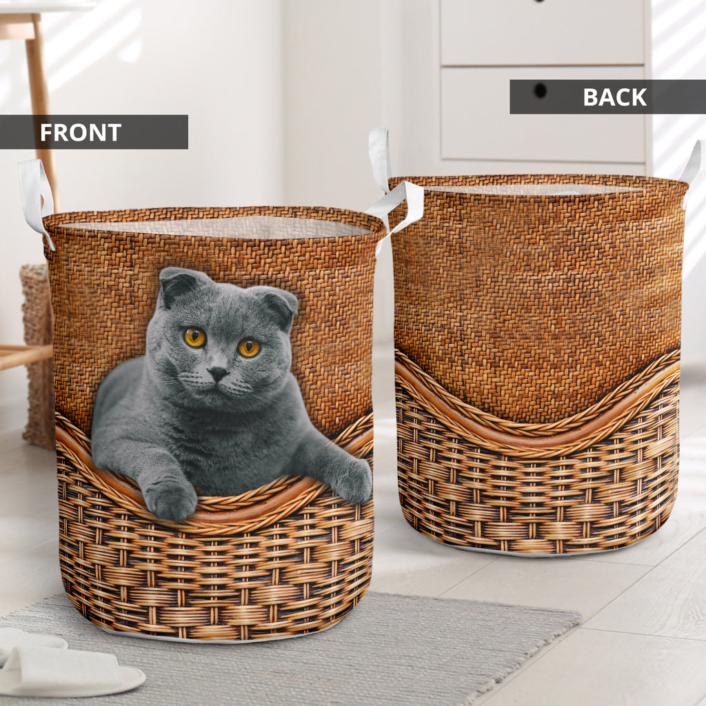 Scottish Fold Cat Rattan Texture Laundry Basket For Room Home Organizer