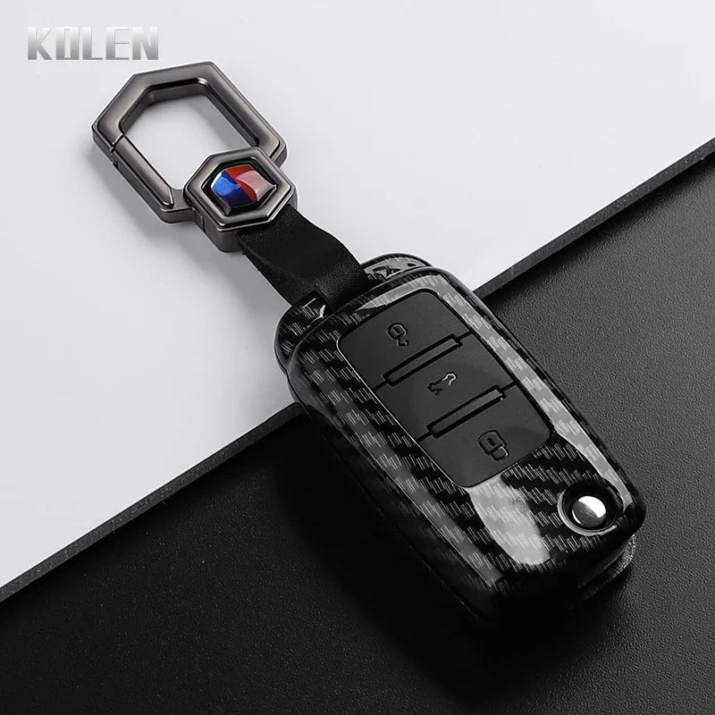 Car Key Cover Compatible with Volkswagen (VW) Polo Golf Passat Tiguan Beetle Caddy T5 Up Eos; Skoda Octavia; SEAT Leon Altea – Carbon Fiber Style