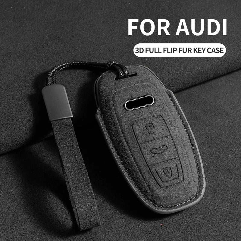 Suede Remote Key Fob Cover Compatible with Audi A6, A4, A5, A7, A8, C8, Q8, 8S, 8W, Q7, B9, 4M, S5, S4, S7, D5, TT, TTS, TFSI, e-tron – 3 Buttons