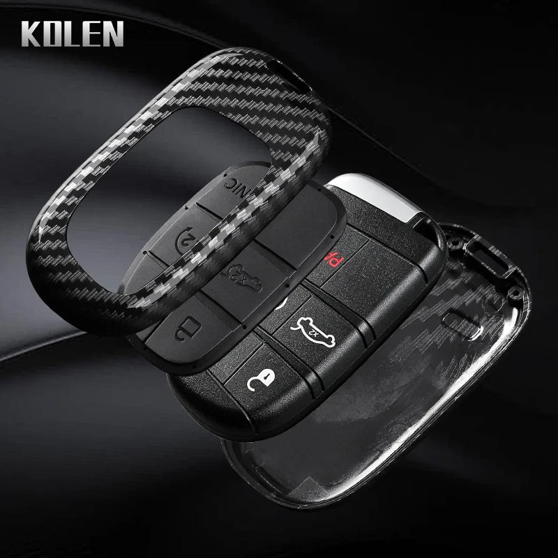 Car Key Cover Compatible with Jeep Renegade Grand Cherokee; Dodge Journey Charger; Chrysler 200 300 – Carbon Fiber Style