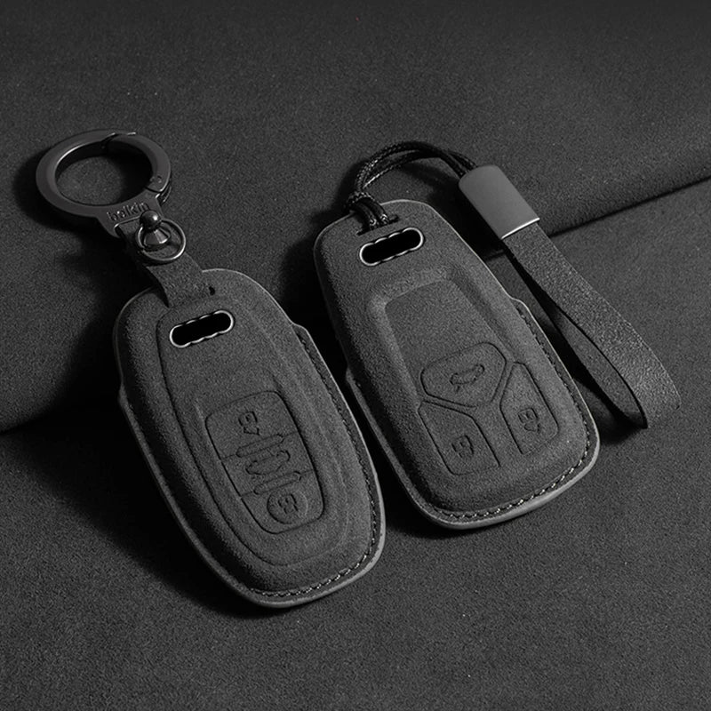 Suede Remote Key Fob Cover Compatible with Audi A6, A4, A5, A7, A8, C8, Q8, 8S, 8W, Q7, B9, 4M, S5, S4, S7, D5, TT, TTS, TFSI, e-tron – 3 Buttons