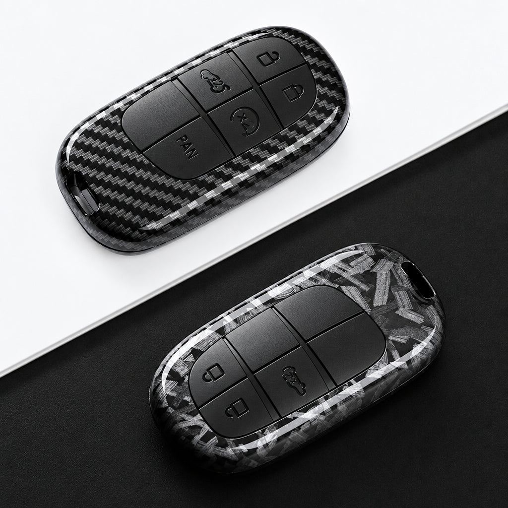 Car Key Cover Compatible with Jeep Renegade Grand Cherokee; Dodge Journey Charger; Chrysler 200 300 – Carbon Fiber Style