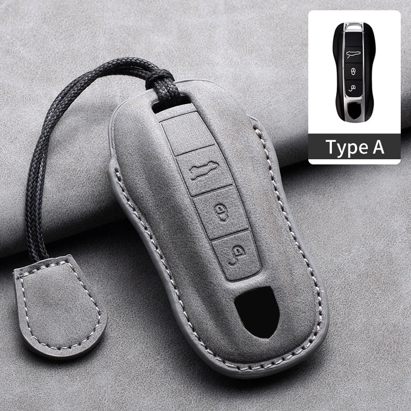Leather Car Key Fob Cover Compatible with Porsche Panamera, Cayenne, 971, 911, 9YA, Macan, Boxster