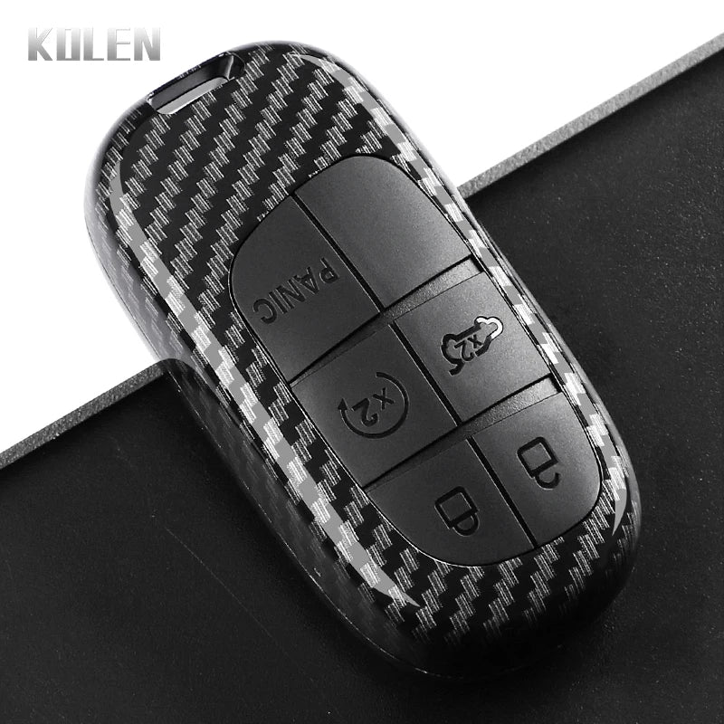 Car Key Cover Compatible with Jeep Renegade Grand Cherokee; Dodge Journey Charger; Chrysler 200 300 – Carbon Fiber Style