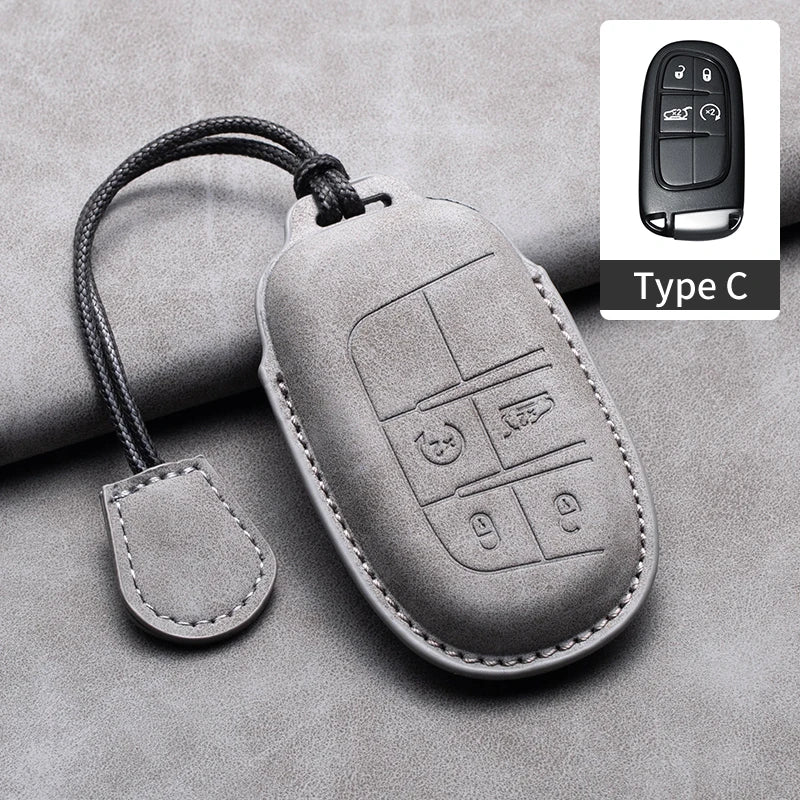 Leather Car Key Fob Cover Compatible with Jeep Renegade, Compass, Grand Cherokee, Wrangler; Chrysler 300C