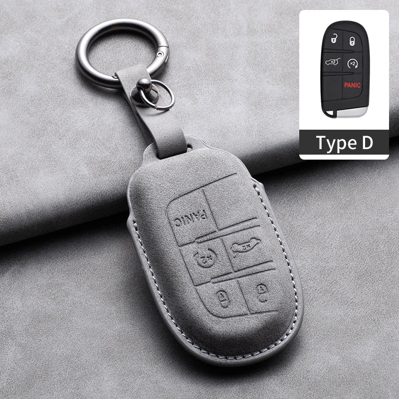 Leather Car Key Fob Cover Compatible with Jeep Commander, Grand, WK2, KL, BU, MP; Dodge; Chrysler 200, 300C