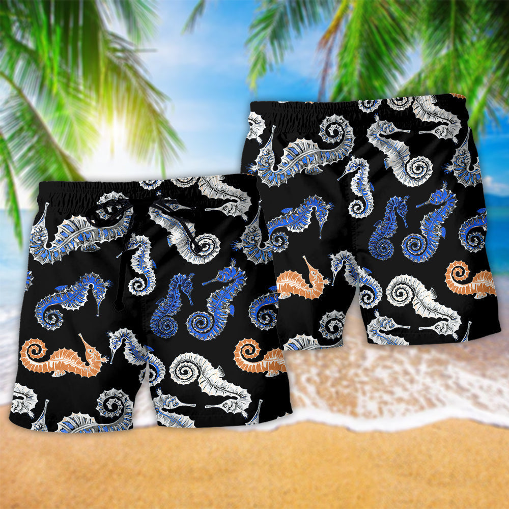 Black Seahorse Minimal Beach Shorts Pattern Detail For Cruise Vacations And Memorable Gift Ideas