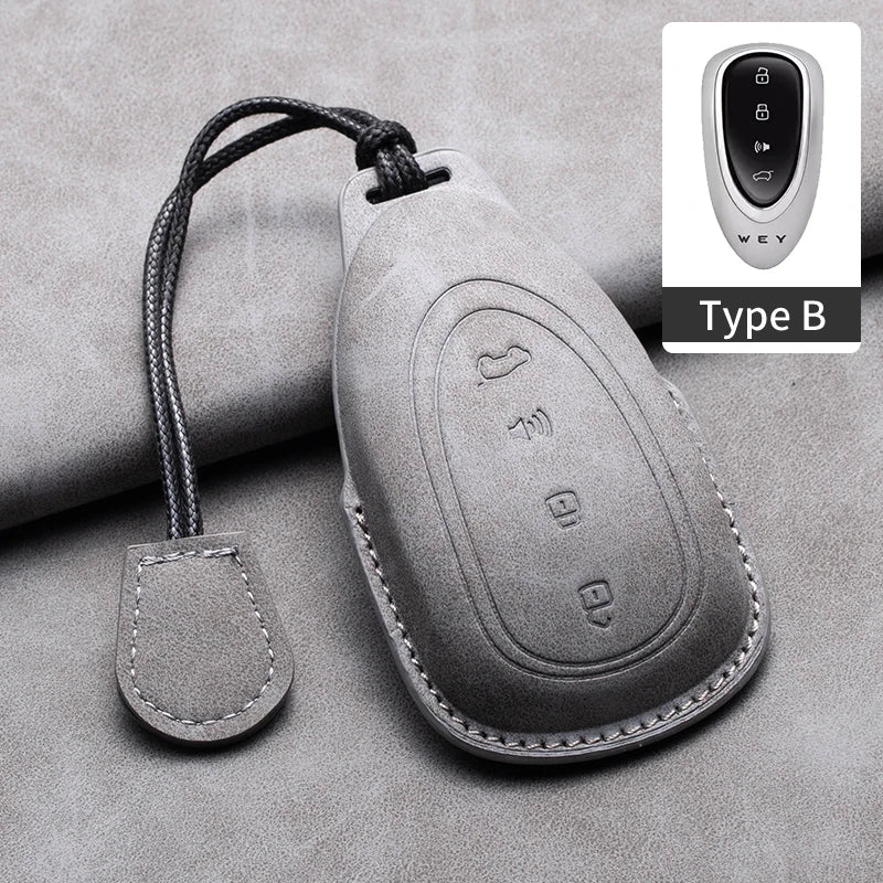 Leather Car Key Fob Cover Compatible with Great Wall GWM WEY Coffee01, Coffee02, WEY-X, WEY-S, WEY-GT, VV7 GT