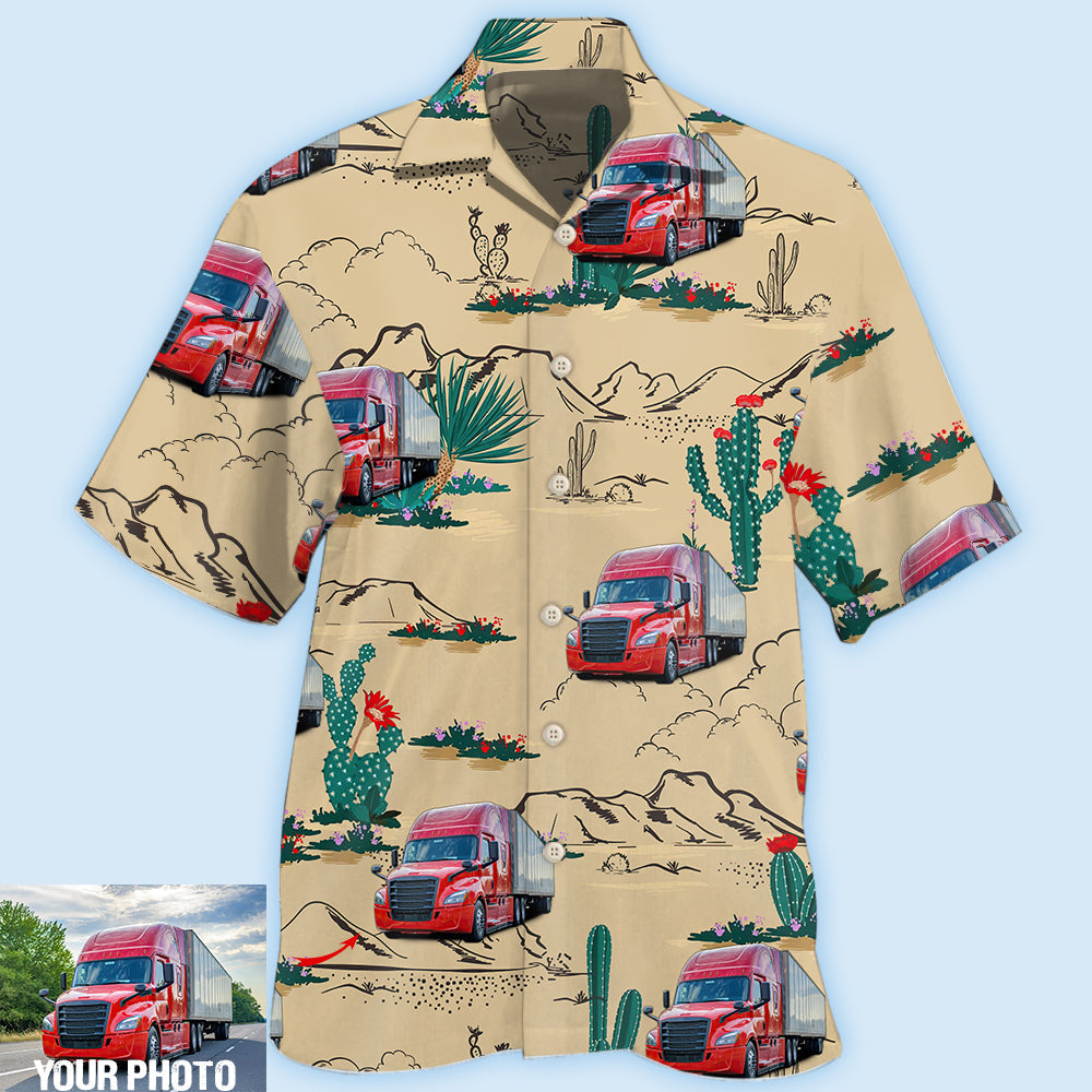 Truck Semi Trailer Cactus Desert Custom Photo Hawaiian Shirt Artwork Detail For Resort Trips And Outdoor Activities