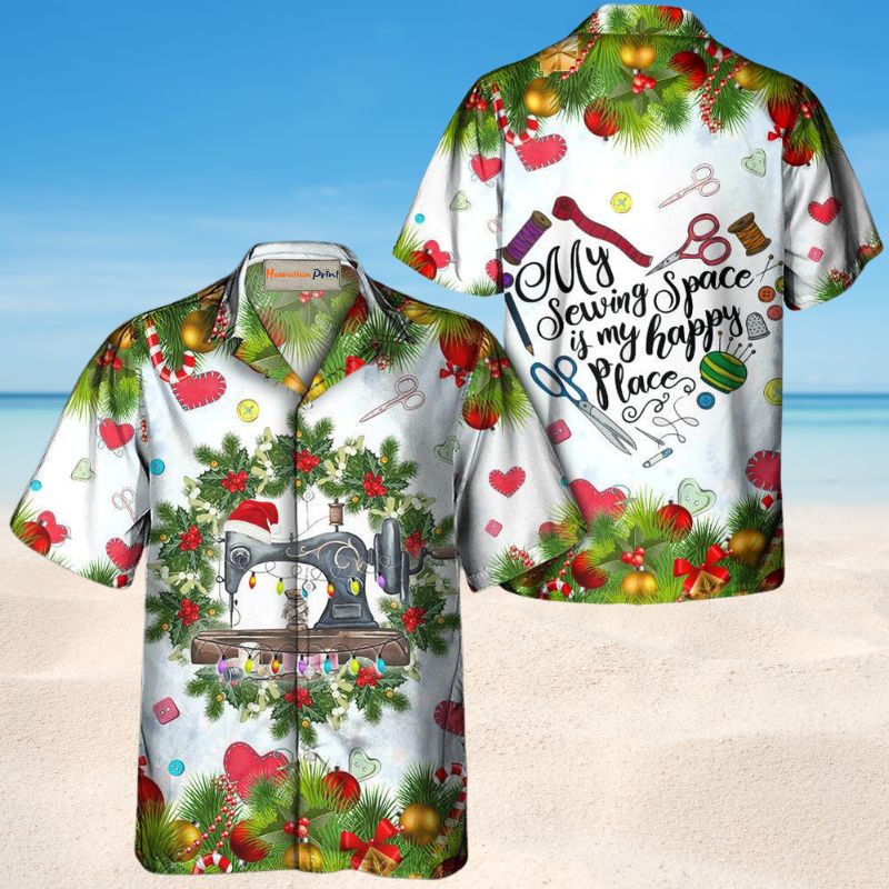 Festive Sewing Machine Christmas Hawaiian Shirt For Resort Trips, Coastal Parties, And Warm Weather Style