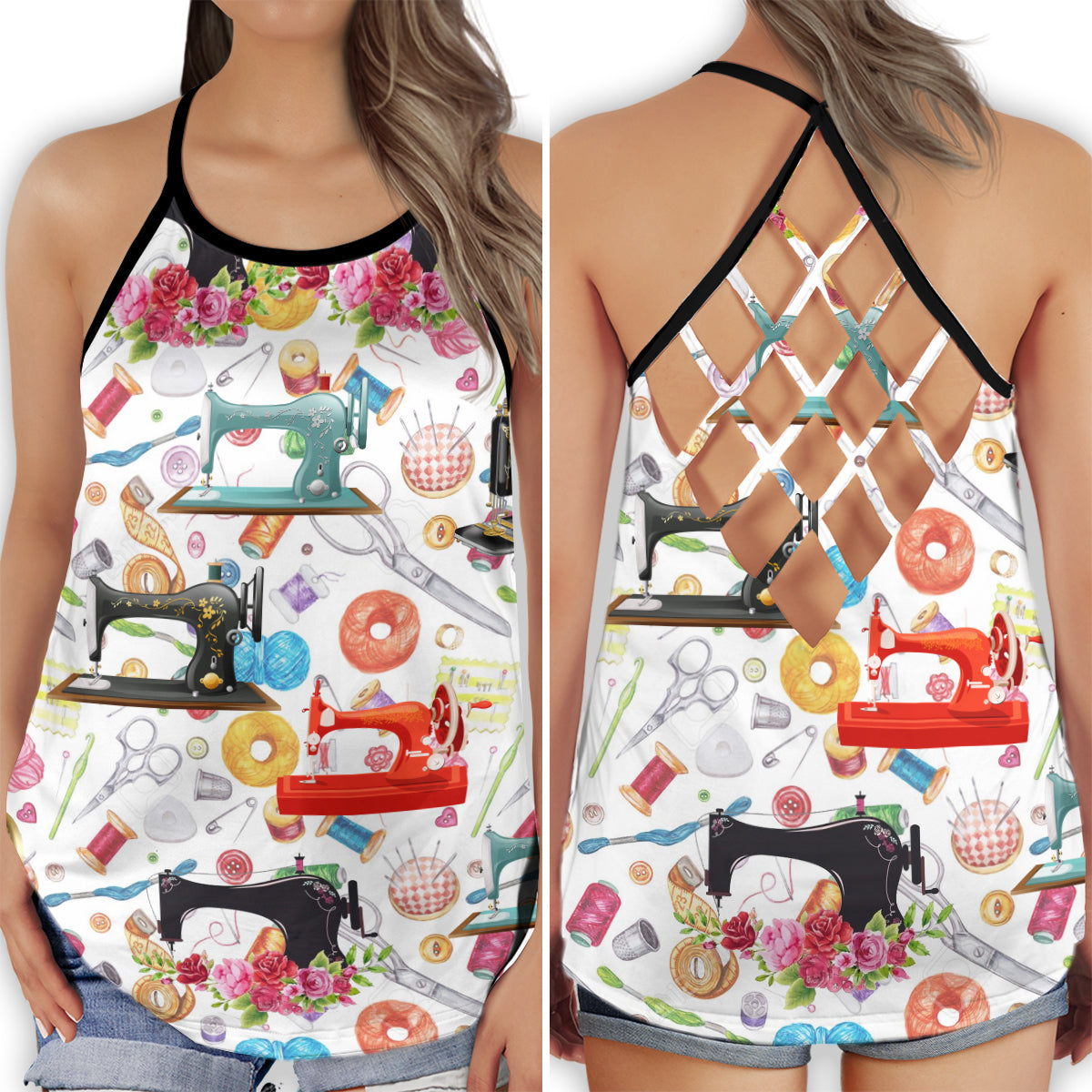 Sewing Is My Happy Place Hollow Tank Top For Yoga Workouts And Casual Wear