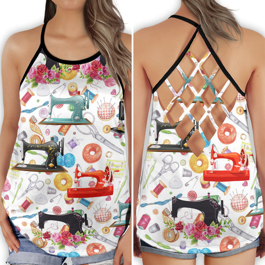 Sewing Is My Happy Place Hollow Tank Top For Yoga Workouts And Casual Wear