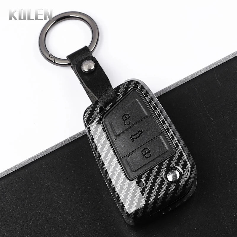 Car Key Cover Compatible with Volkswagen (VW) Golf 7 MK7 Tiguan MK2; SEAT Ateca Leon FR 2 Ibiza – Carbon Fiber Style