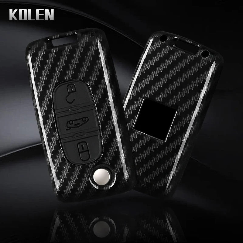Car Key Cover Compatible with Peugeot 107 207 307 308 407 607 3008 5008; Citroen Xsara Picasso C5 C6 C8 – Carbon Fiber Style
