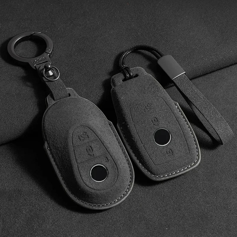 Suede Remote Key Fob Case Compatible with Mercedes-Benz E-Class, W213, W205, E200, E260, E300, E320, AMG, CLA, 2018, 2019, 2020