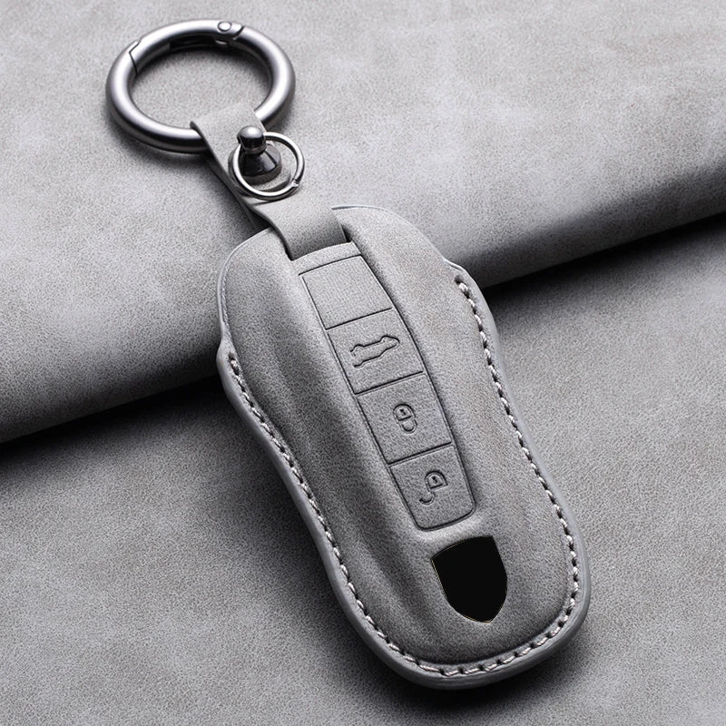 Leather Car Key Fob Cover Compatible with Porsche Panamera, Cayenne, 971, 911, 9YA, Macan, Boxster