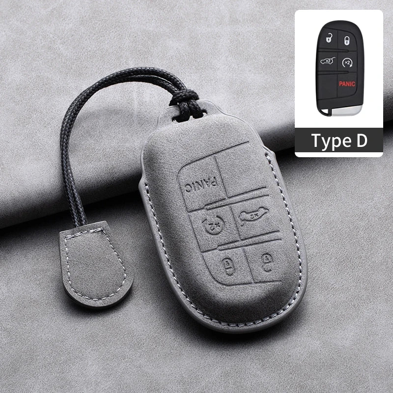 Leather Car Key Fob Cover Compatible with Jeep Renegade, Compass, Grand Cherokee, Wrangler; Chrysler 300C