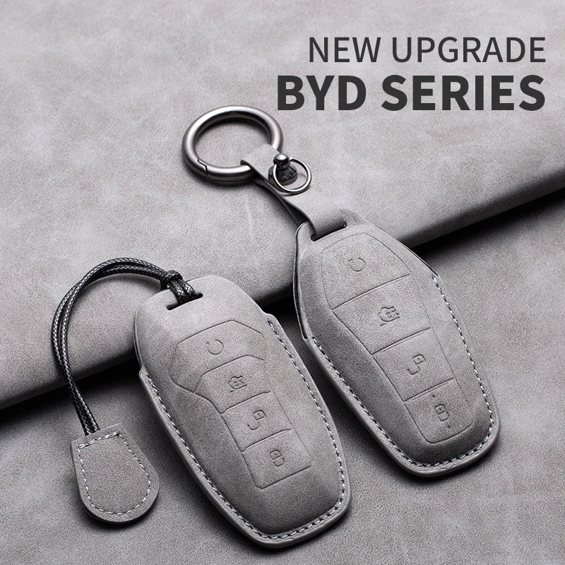 Leather Remote Key Fob Cover Compatible with BYD Atto 3, Han EV, Dolphin – 4 Buttons
