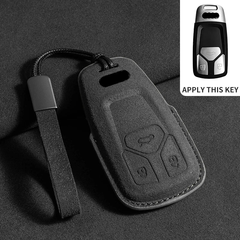 Suede Remote Key Fob Cover Compatible with Audi A6, A4, A5, A7, A8, C8, Q8, 8S, 8W, Q7, B9, 4M, S5, S4, S7, D5, TT, TTS, TFSI, e-tron – 3 Buttons