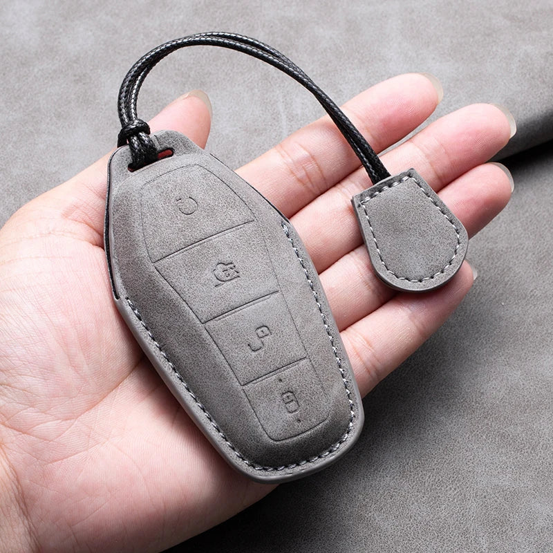 Leather Remote Key Fob Cover Compatible with BYD Atto 3, Han EV, Dolphin – 4 Buttons