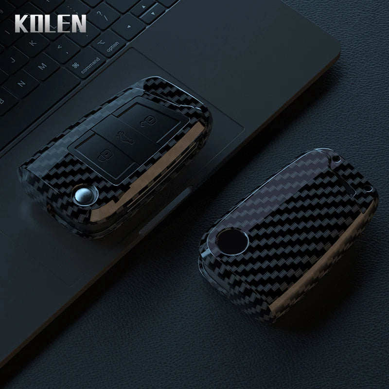 Car Key Cover Compatible with Volkswagen (VW) Golf 7 MK7 Tiguan MK2; SEAT Ateca Leon FR 2 Ibiza; Skoda Octavia – Carbon Fiber Style