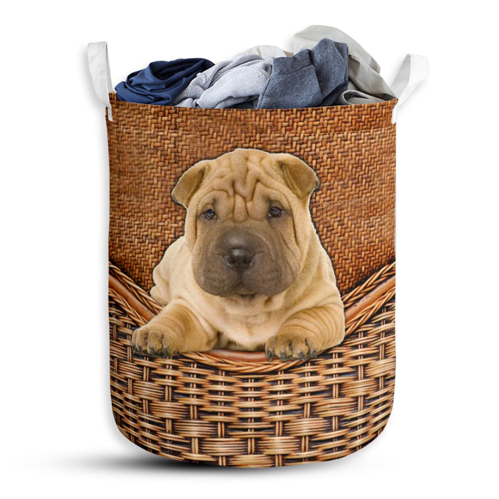 Shar Pei Dog Rattan Texture Laundry Basket For Bathroom Bedroom Storage