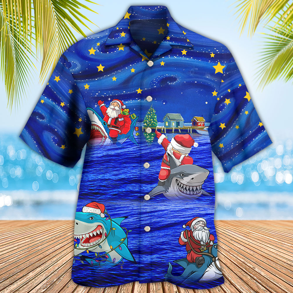 Funny Shark Santa Amazing Christmas Night Star Hawaiian Shirt Design Detail For Beach Days And Holiday Travel