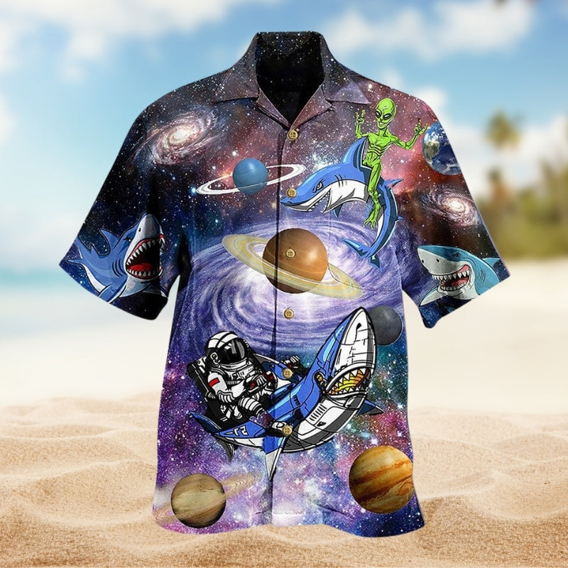 Shark Alien Space Hawaiian Shirt For Resort Trips, Coastal Parties, And Warm Weather Style