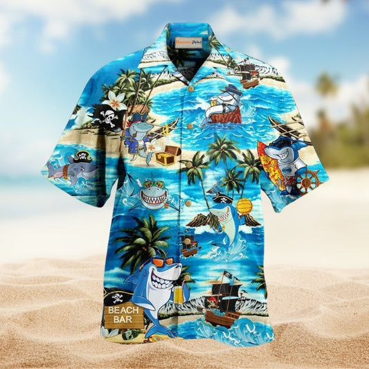 Shark Amazing Pirate Beach Bar Hawaiian Shirt For Summer Vacation Beach Travel And Relaxed Casual Wear