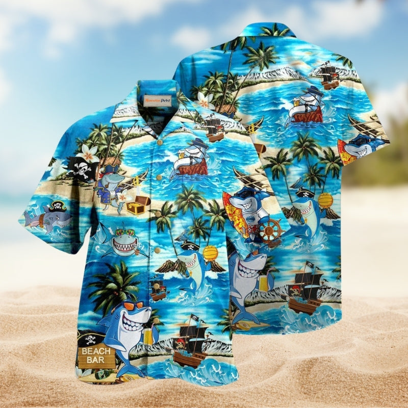 Shark Amazing Pirate Beach Bar Hawaiian Shirt For Summer Vacation Beach Travel And Relaxed Casual Wear