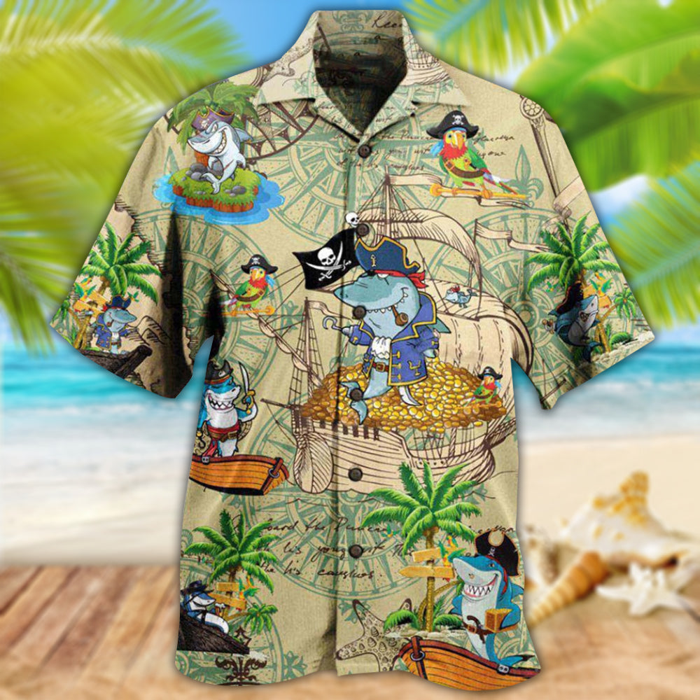 Shark Amazing Nautical Pirate Hawaiian Shirt Pattern View For Relaxed Warm Weather Outfits